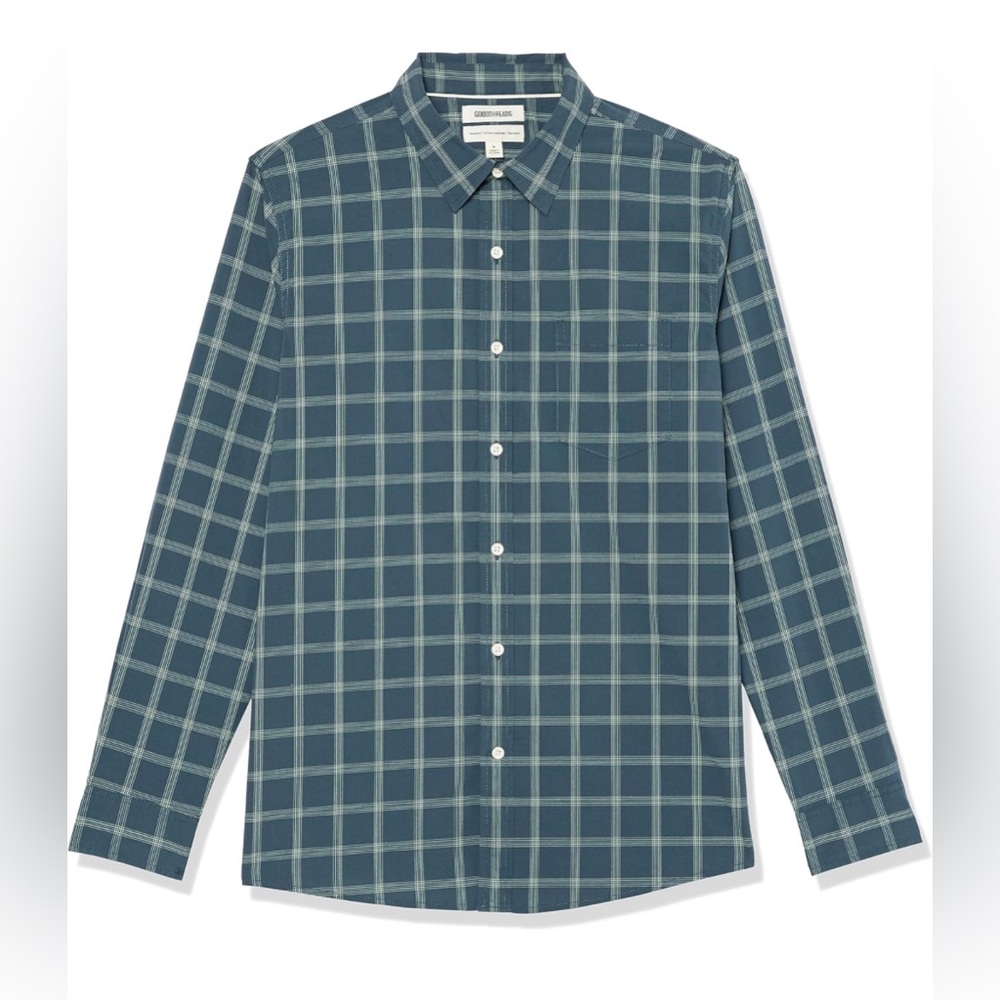 NWT Goodthreads Standard Fit Plaid Poplin Long Sleeve Shirt Navy Teal Blue XS